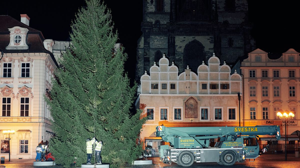 Fotky: Na Staroměstské náměstí v noci dorazil vánoční strom